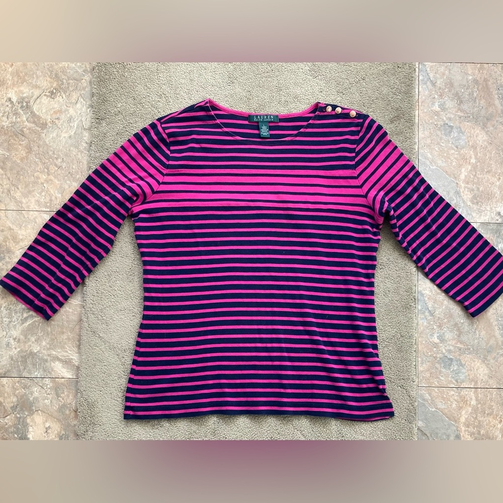 Lauren by Ralph Lauren Women's Pink and Black Striped Top sizeL 100%cotton